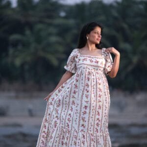 Red & Off-White Floral Tie-Up Regency Gown