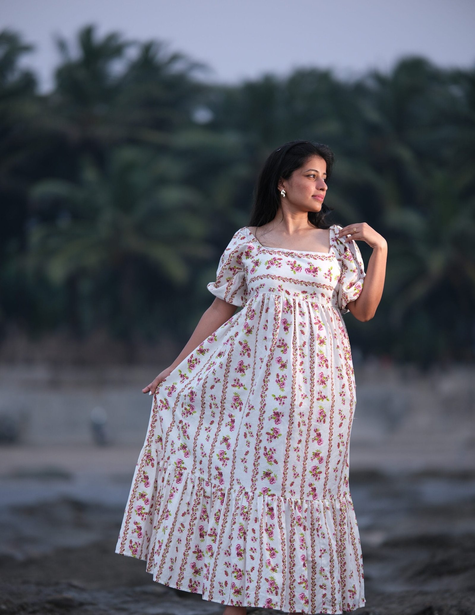 Red & Off-White Floral Tie-Up Regency Gown