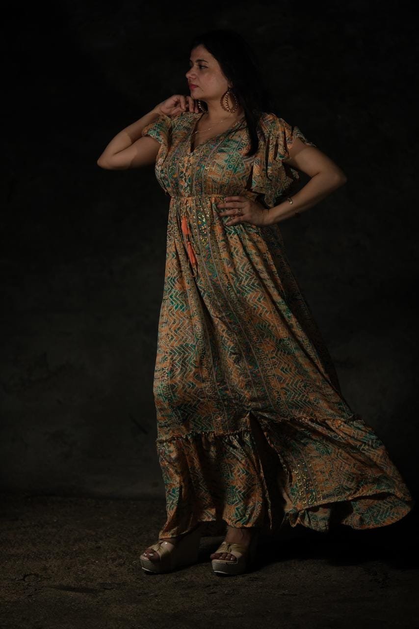 Bright Orange & Green Long Flare Dress - Image 2