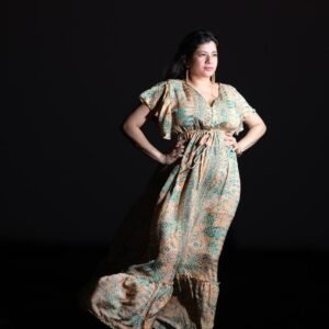 Bright Orange & Green Long Flare Dress