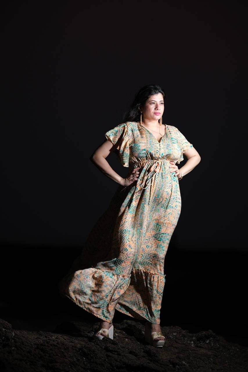 Bright Orange & Green Long Flare Dress