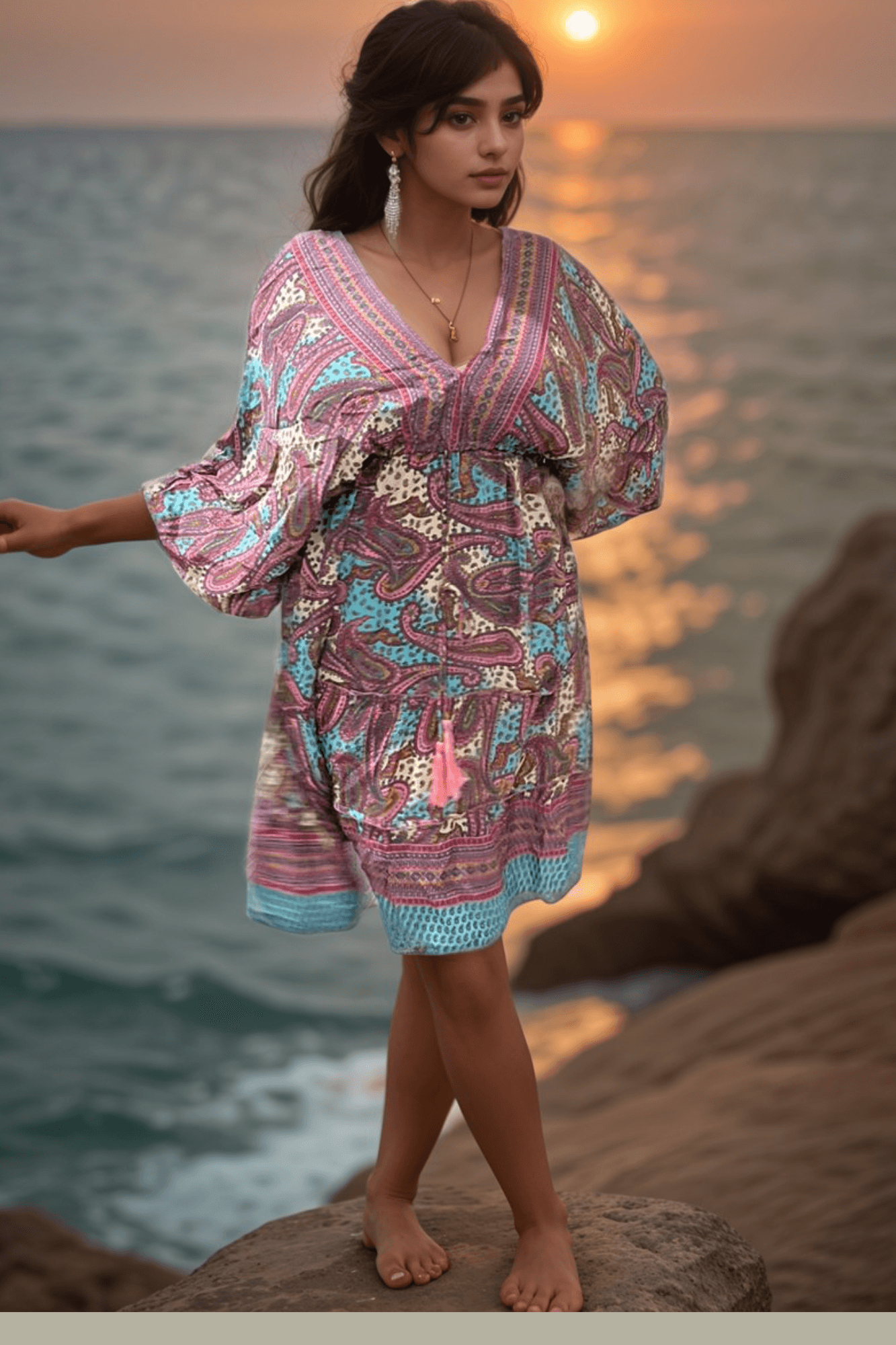 Short Kaftan-Sleeve bold dark pink Dress