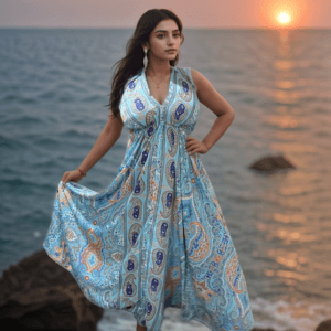 Water Blue Beach Halter Neck Strap Flowy Dress with Aesthetic Designs