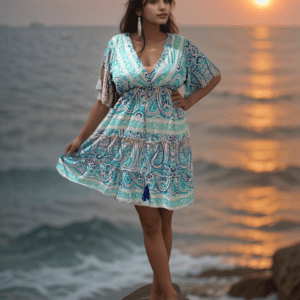 Short Kaftan-Sleeve Water Blue & Green Dress