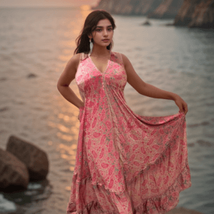 Boho Beach Strap Neck and Waist Strap Flare Gown